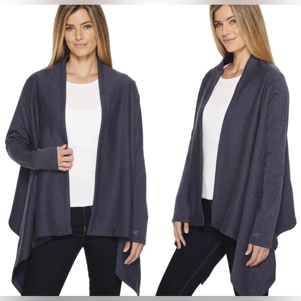 ARC'TERYX Nyara Midnight Heather Blue Fleece Lined Open Front Wrap Cardigan - M